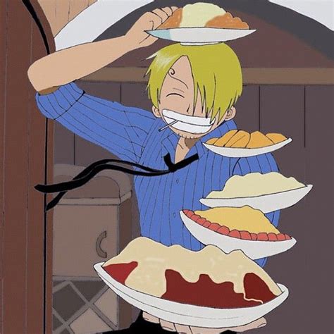 An Anime Character Is Holding Plates With Pies On Them In Front Of His Face