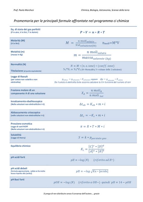 Formulario Di Chimica Base Con Esercizi Formulari Di Chimica Docsity