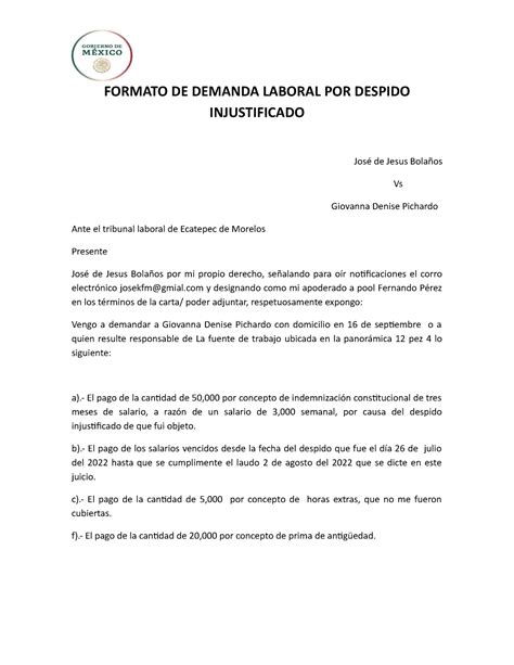 Formatos De Procedimientos Formato De Demanda Laboral Por Despido