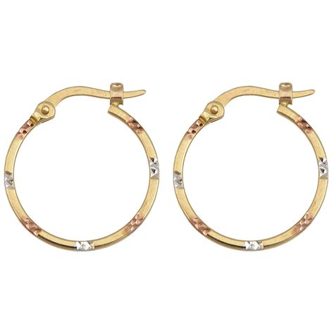 14k Tri Color Gold Diamond Cut Round Hoop Earrings 15mm Wide