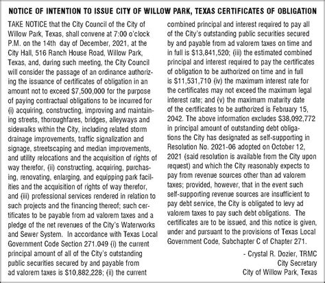 Notice Of Intent To Issue Certificates Of Obligation Willow Park TX