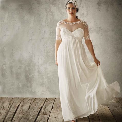 Cheap Beach Wedding Dresses Plus Size 2016 Sexy Sheer Lace Applique Jewel Short Sleeveivory A