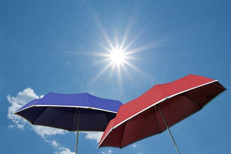 Red and Blue Umbrella, Bright Sunny Sky Stock Image - Image of shadow ...