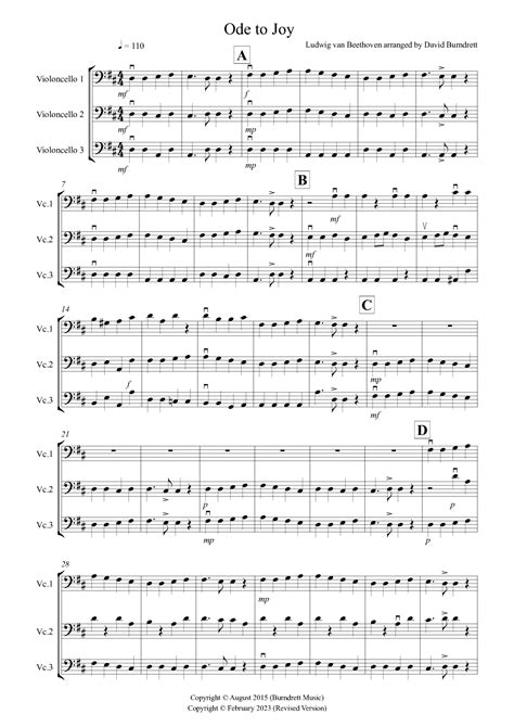 Ode To Joy For Cello Trio Arr David Burndrett Sheet Music Ludwig Van Beethoven Cello Solo