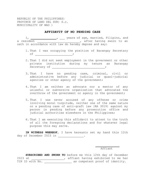 Affidavit Of No Pending Case For Barangay Officials Republic Of The Philippines Province Of