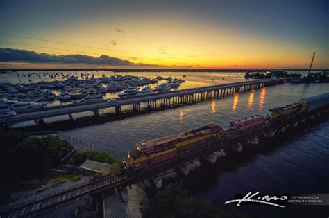 Florida East Coast Train Sunset At Roosevlt Bridge Stuart Florida Hdr