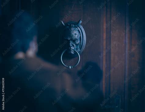 NEW YORK USA JAN 29 2024 Jacob Marley Door Knocker Visiting Ebenezer