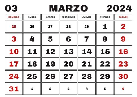 Calendario Marzo 2024 Obtenga aquí el Calendario Marzo 2024 para Imprimir