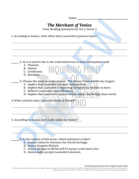 The Merchant Of Venice Act 2 Scene 3 Close Reading Analysis Worksheet