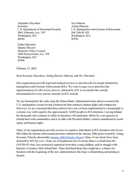 Coalition Letter Urges Reconsideration Of Custody Determination For Every Person In Ice Custody