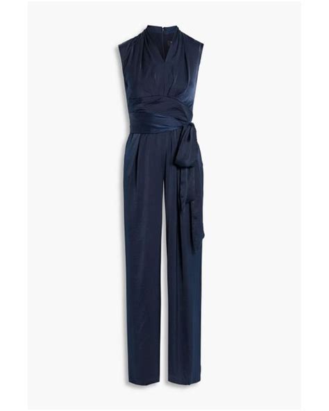 DKNY Belted Satin Wide Leg Jumpsuit In Blue Lyst