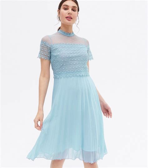 Pale Blue Lace Chiffon Pleated Layered Midi Dress New Look Chiffon Lace Lace Short Sleeve