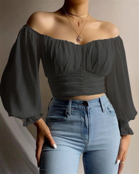 Off Shoulder Ruched Lantern Sleeve Crop Top Online Discover Hottest