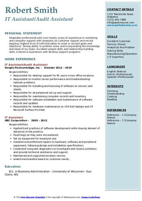 It Assistant Resume Samples Qwikresume