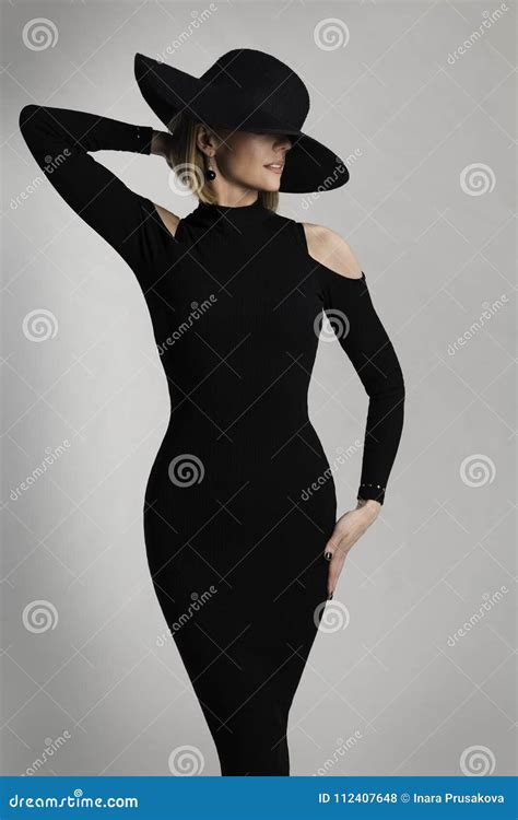 Fashion Model Long Dress Wide Brimmed Hat Elegant Lady Beauty Stock