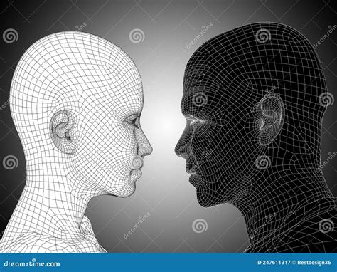 3d Illustration Wireframe Or Mesh Human Male And Female Head Stock