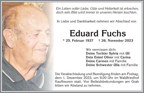 Traueranzeigen Von Eduard Fuchs Augsburger Allgemeine Zeitung