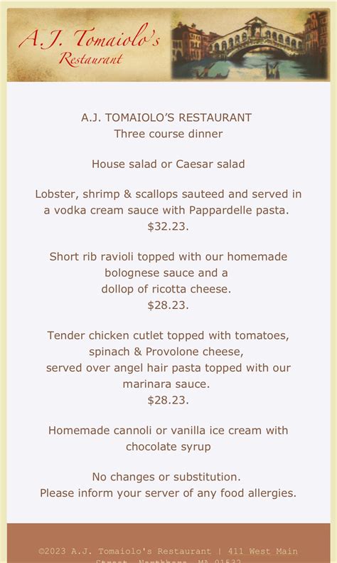 Restaurant Week Menu A J Tomaiolo S Restaurant