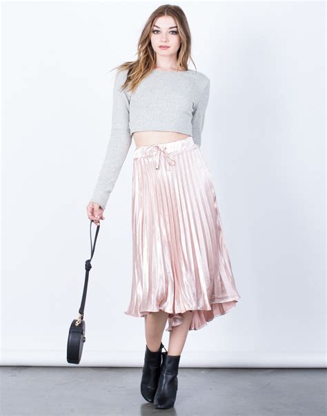 Pleated Metallic Skirt Light Pink Midi Skirt Pleated Satin Skirt