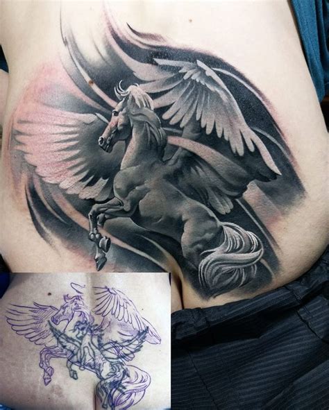 Black And Grey Realistic Cover Up Tattoo Of A Pegasus By Nino Dinchev