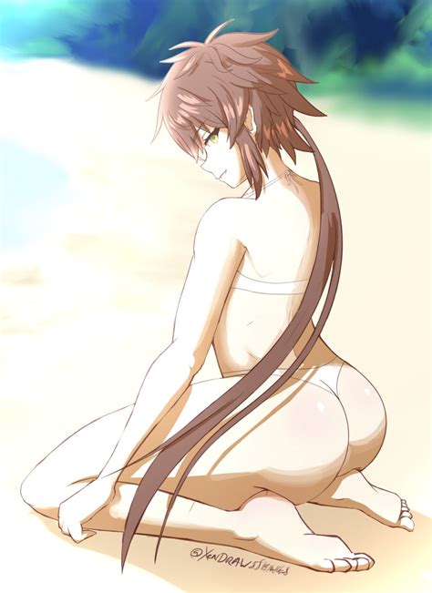 Hentai Nintendo 1girl Alluring Bare Legs Beach Bikini Brown Hair Gold