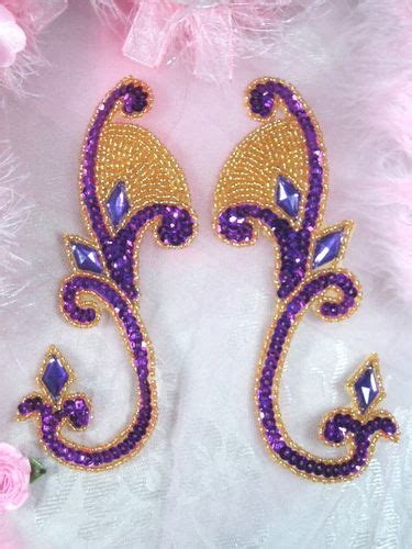 Purple Gold Sequin Beaded Applique Mirror Pair Jeweled