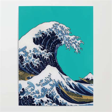 Hokusai The Great Wave Off Kanagawa Green Cyan Background Poster By