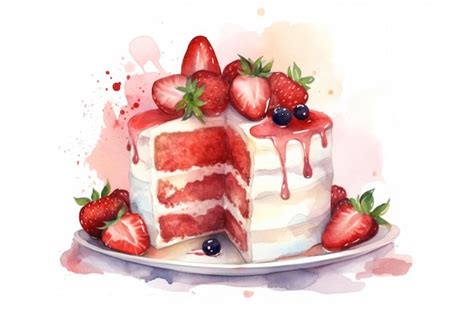 Premium Photo A Watercolor Painting Of A Cake With A Piece Of Cake On It