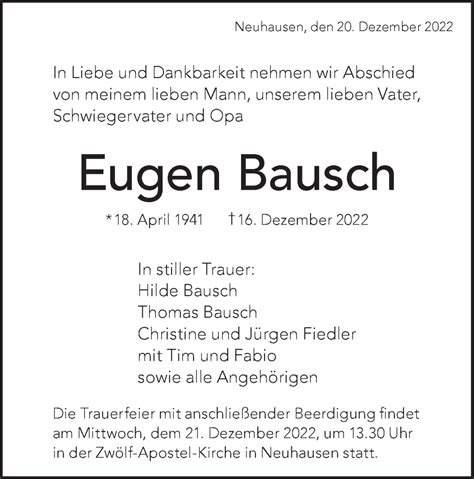 Traueranzeigen von Eugen Bausch Südwest Presse Trauer