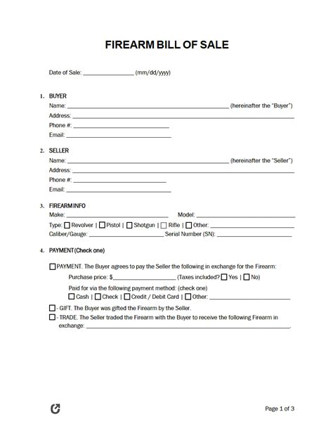 Free Firearm Gun Bill Of Sale Form Pdf Word Rtf