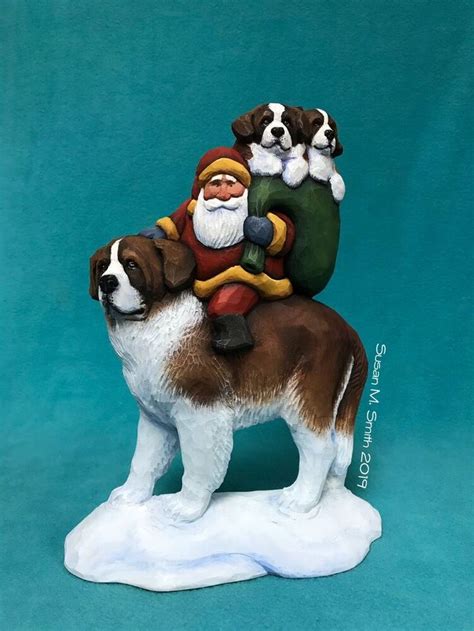 Hand Carved Santa Riding St Bernard With Puppies By Susan M Smith