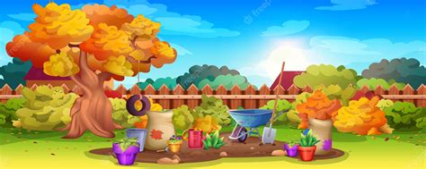 Premium Vector | Cartoon backyard garden with gardening equipment and plants