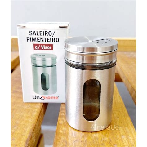 Saleiro Pimenteira Porta Condimento Aço Inox Visor em Vidro