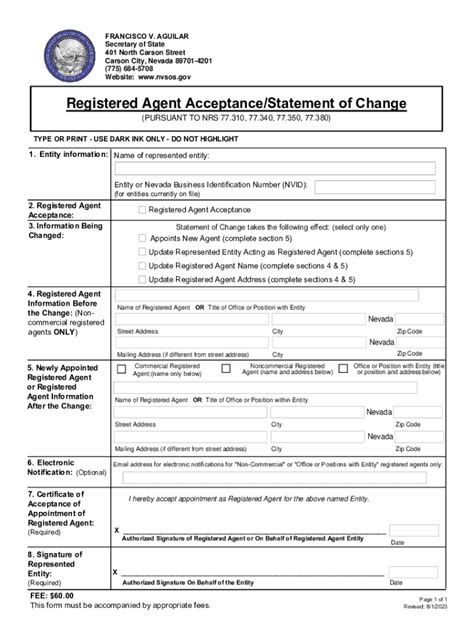 2023 Form NV Registered Agent Acceptance Statement Of Change Fill