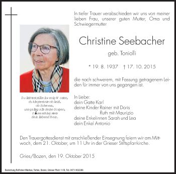 Traueranzeigen Von Christine Seebacher Trauer Bz