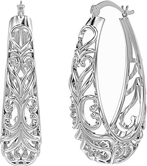 LeCalla 925 Sterling Silver Hypoallergenic Click Top Oval Filigree Hoop