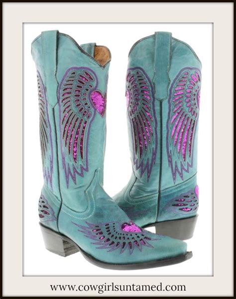 Fuchsia Sequin Heart And Angel Wings Turquoise Genuine Leather Cowgirl