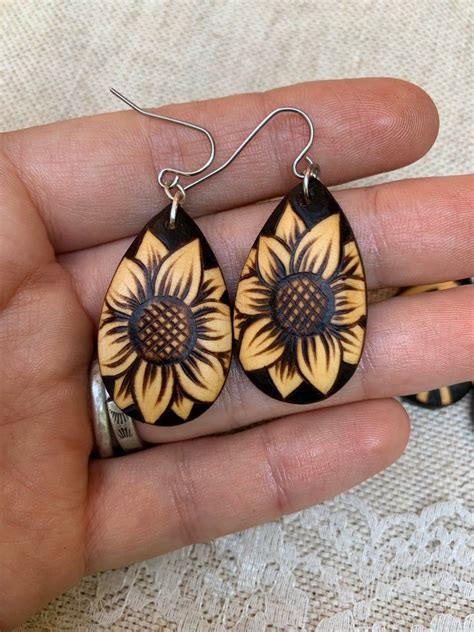 Woodburned Earrings Sunflowers Wood Teardrop Drop Earrings Etsy