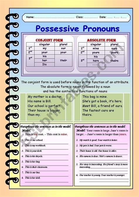 Possessive Pronoun Worksheets