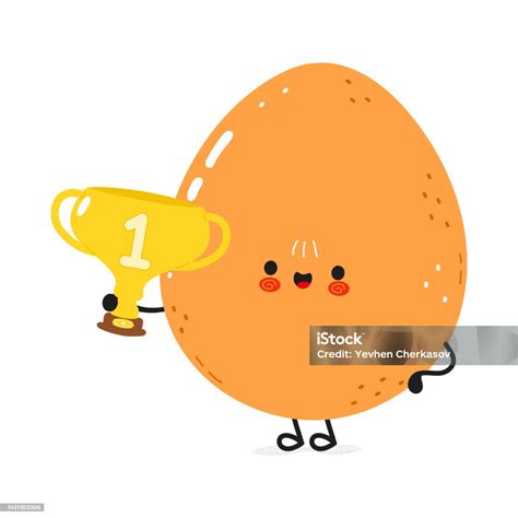 Cute Funny Egg Hold Gold Trophy Cup Vector Hand Drawn Cartoon Kawaii Character Illustration Icon