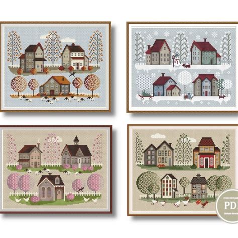 Cross Stitch Pattern Set Sampler 4 Seasons Village Home Etsy