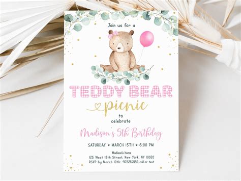 Editable Pink Teddy Bear Picnic Birthday Invitation Pink Gold Girl ...