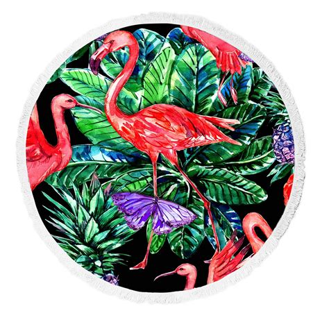 YKCG Pink Flamingo Bird Palm Leaves Tropical Fruits Pineapples Round