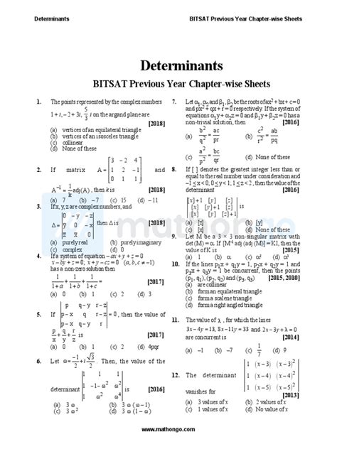 Determinants Bitsat Previous Year Chapter Wise Sheets Mathongo