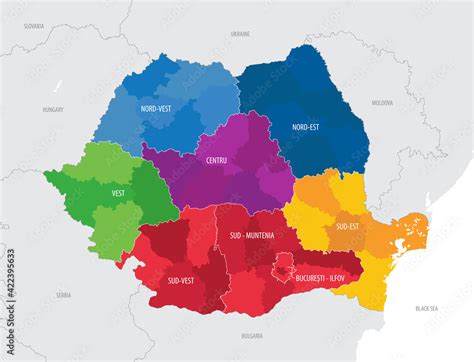 Vettoriale Stock Detailed vector map of Romania with administrative divisions into regions and ...