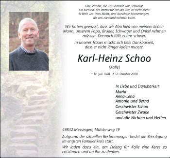 Traueranzeigen Von Karl Heinz Schoo Noz Trauerportal