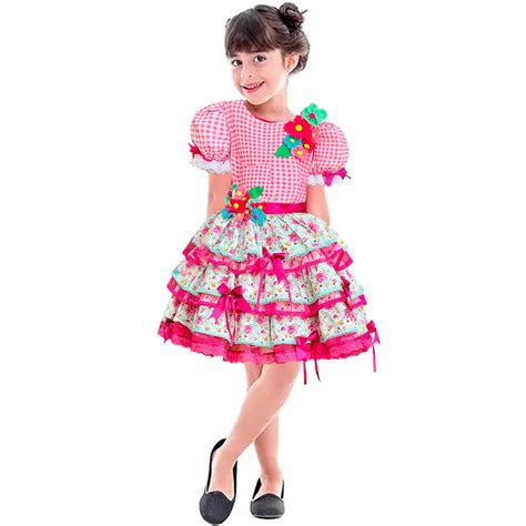 Vestido Feminino Infantil Junino Xadrez Rosa Flores