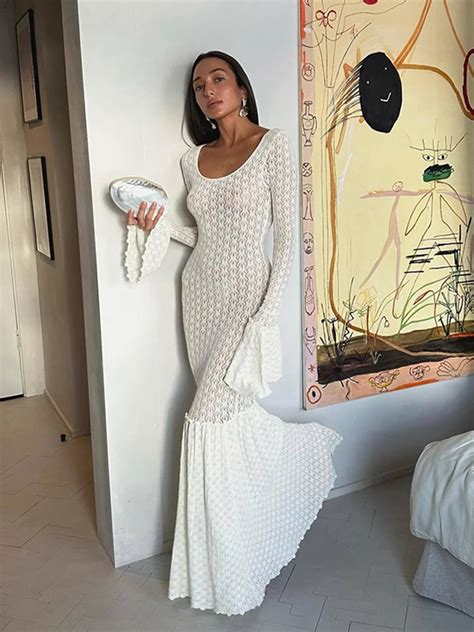 Sexy Knit Beach Long Dress Women Hollow Out O Neck Full Flare Sleeve Bikini Cover Ups