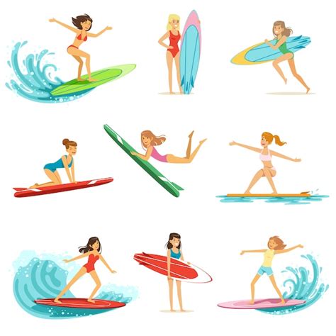 Premium Vector Surfer Girls Riding On Waves Set Surfboarders In