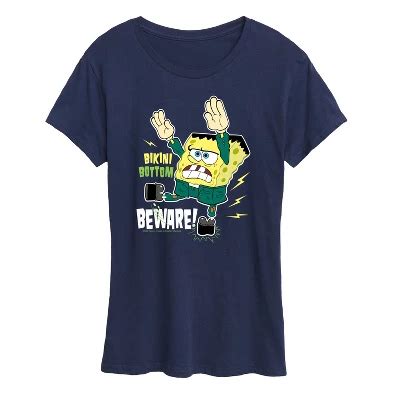 Women S SpongeBob SquarePants Bikini Bottom Beware Short Sleeve Graphic T Shirt Navy Small